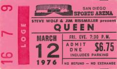 Ticket stub - Queen live at the Sports Arena, San Diego, CA, USA [12.03.1976]