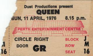 Ticket stub - Queen live at the Entertainments Centre, Perth, Australia [11.04.1976]