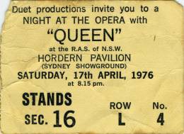 Ticket stub - Queen live at the Hordern Pavilion, Sydney, Australia [17.04.1976]