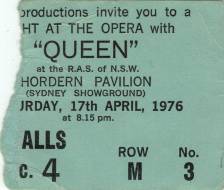 Ticket stub - Queen live at the Hordern Pavilion, Sydney, Australia [17.04.1976]