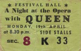 Ticket stub - Queen live at the Festival Hall, Melbourne, Australia [19.04.1976]