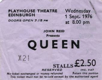 Ticket stub - Queen live at the Playhouse Theatre, Edinburgh, UK [01.09.1976]