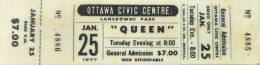 Ticket stub - Queen live at the Civic Centre, Ottawa, Canada [25.01.1977]