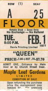 Ticket stub - Queen live at the Maple Leaf Gardens, Toronto, Canada [01.02.1977]