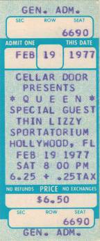 Ticket stub - Queen live at the Sportatorium, Miami, FL, USA [19.02.1977]
