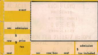 Ticket stub - Queen live at the Omni, Atlanta, GA, USA [21.02.1977]