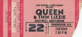 Ticket stub - Queen live at the Auditorium, Birmingham, AL, USA [22.02.1977]