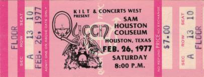 Ticket stub - Queen live at the Sam Houston, Houston, TX, USA [26.02.1977]