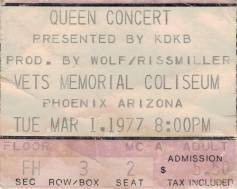 Ticket stub - Queen live at the Coliseum, Phoenix, AZ, USA [01.03.1977]