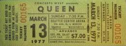 Ticket stub - Queen live at the Arena, Seattle, WA, USA [13.03.1977]