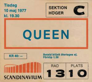 Ticket stub - Queen live at the Scandinavium, Gothenburg, Sweden [10.05.1977]