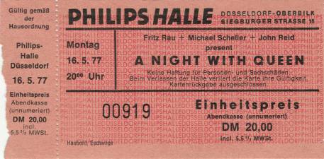 Ticket stub - Queen live at the Phillipshalle, Düsseldorf, Germany [16.05.1977]