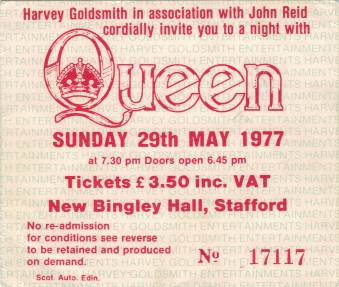 Ticket stub - Queen live at the New Bingley Hall, Stafford, UK [29.05.1977]