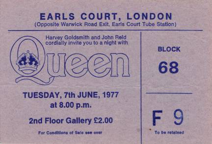 Ticket stub - Queen live at the Earls Court, London, UK [07.06.1977]