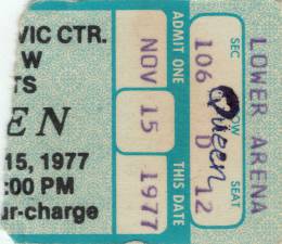 Ticket stub - Queen live at the Civic Centre, Providence, RI, USA [15.11.1977]