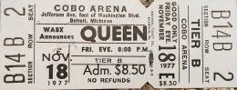 Ticket stub - Queen live at the Cobo Hall, Detroit, MI, USA [18.11.1977]