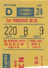 Ticket stub - Queen live at the Madison Square Garden, New York, NY, USA [01.12.1977]