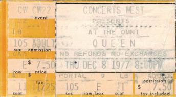 Ticket stub - Queen live at the Omni, Atlanta, GA, USA [08.12.1977]