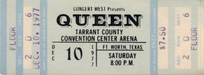 Ticket stub - Queen live at the Convention Centre, Fort Worth, TX, USA [10.12.1977]