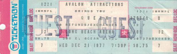 Ticket stub - Queen live at the Long Beach Arena, Long Beach, CA, USA [21.12.1977]