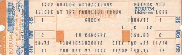 Ticket stub - Queen live at the Forum, Inglewood, CA, USA [22.12.1977]
