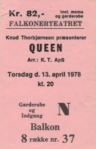 Ticket stub - Queen live at the Falkoner Theatre, Copenhagen, Denmark [13.04.1978]