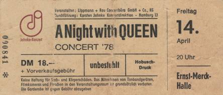 Ticket stub - Queen live at the Ernst-Merck Halle, Hamburg, Germany [14.04.1978]