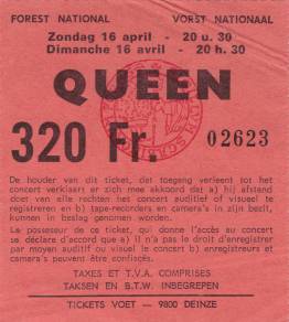 Ticket stub - Queen live at the Forest National, Brussels, Belgium [16.04.1978]