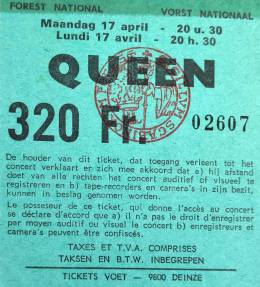 Ticket stub - Queen live at the Forest National, Brussels, Belgium [17.04.1978]