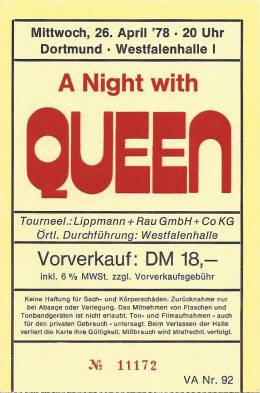 Ticket stub - Queen live at the Westfallenhalle, Dortmund, Germany [26.04.1978]