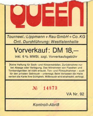 Ticket stub - Queen live at the Westfallenhalle, Dortmund, Germany [26.04.1978]