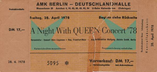 Ticket stub - Queen live at the Deutschlandhalle, Berlin, Germany [28.04.1978]