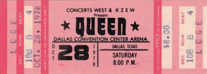 Ticket stub - Queen live at the Convention Centre, Dallas, TX, USA [28.10.1978]