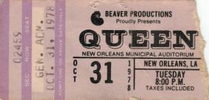 Ticket stub - Queen live at the Municipal Auditorium, New Orleans, LA, USA [31.10.1978]