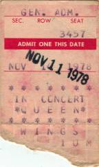 Ticket stub - Queen live at the Wings Stadium, Kalamazoo, MI, USA [11.11.1978]