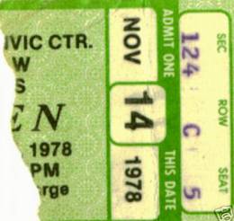 Ticket stub - Queen live at the Rhode Island Civic Centre, Providence, RI, USA [14.11.1978]