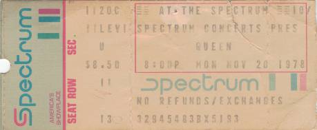 Ticket stub - Queen live at the The Spectrum, Philadelphia, PA, USA [20.11.1978]