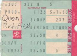 Ticket stub - Queen live at the Coliseum, Richfield, OH, USA [25.11.1978]
