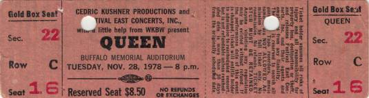 Ticket stub - Queen live at the War Memorial Auditorium, Buffalo, NY, USA [28.11.1978]