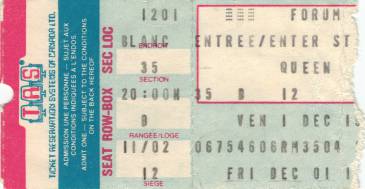Ticket stub - Queen live at the Forum, Montreal, Canada [01.12.1978]