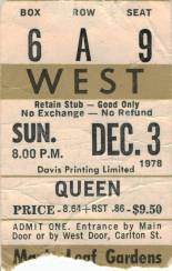 Ticket stub - Queen live at the Maple Leaf Gardens, Toronto, Canada [03.12.1978]