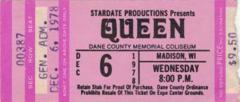Ticket stub - Queen live at the Dane County Coliseum, Madison, WI, USA [06.12.1978]