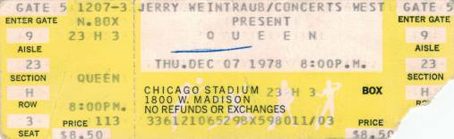 Ticket stub - Queen live at the Stadium, Chicago, IL, USA [07.12.1978]