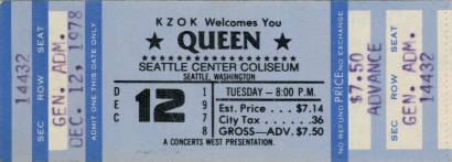 Ticket stub - Queen live at the Coliseum, Seattle, WA, USA [12.12.1978]