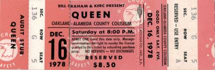 Ticket stub - Queen live at the Oakland Coliseum Arena, Oakland, CA, USA [16.12.1978]