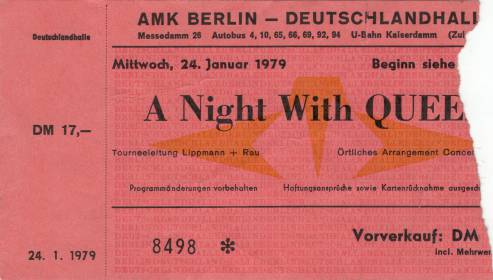 Ticket stub - Queen live at the Deutschlandhalle, Berlin, Germany [24.01.1979]