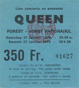 Ticket stub - Queen live at the Forest National, Brussels, Belgium [27.01.1979]