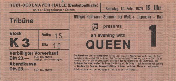 Ticket stub - Queen live at the Rudi Sedlmayer Halle, Munich, Germany [10.02.1979]