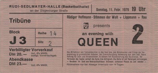 Ticket stub - Queen live at the Rudi Sedlmayer Halle, Munich, Germany [11.02.1979]