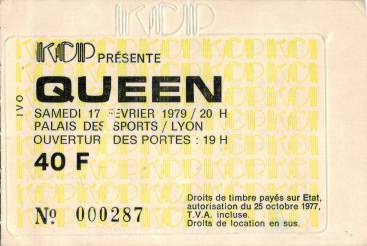 Ticket stub - Queen live at the Palais Des Sports, Lyon, France [17.02.1979]